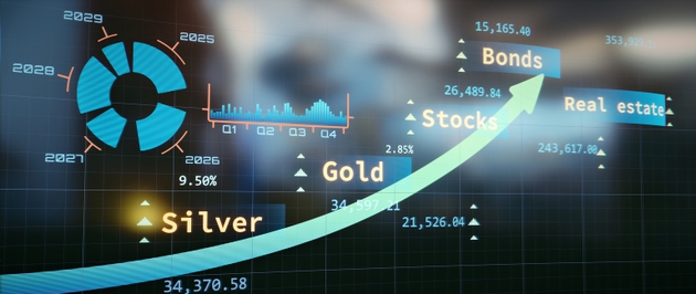 Growing prices concept for silver, gold, stocks, bonds and real estate