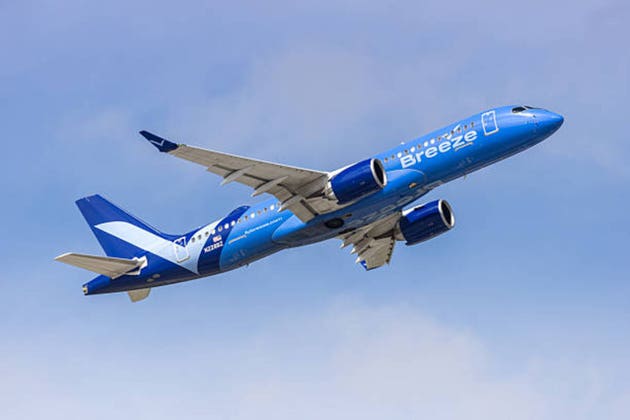 Breeze Airways Airbus A220-300 airplane at Fort Lauderdale airport in the United States