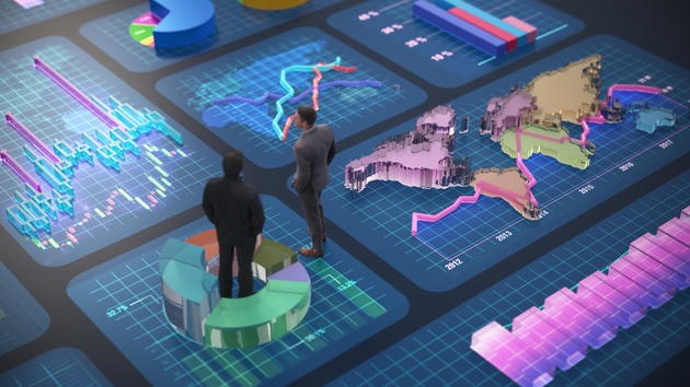 Business professionals analyze data on digital screens in a modern office setting during a meeting focused on performance metrics