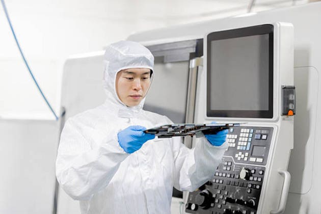 A worker inspecting a circuit board at a factory