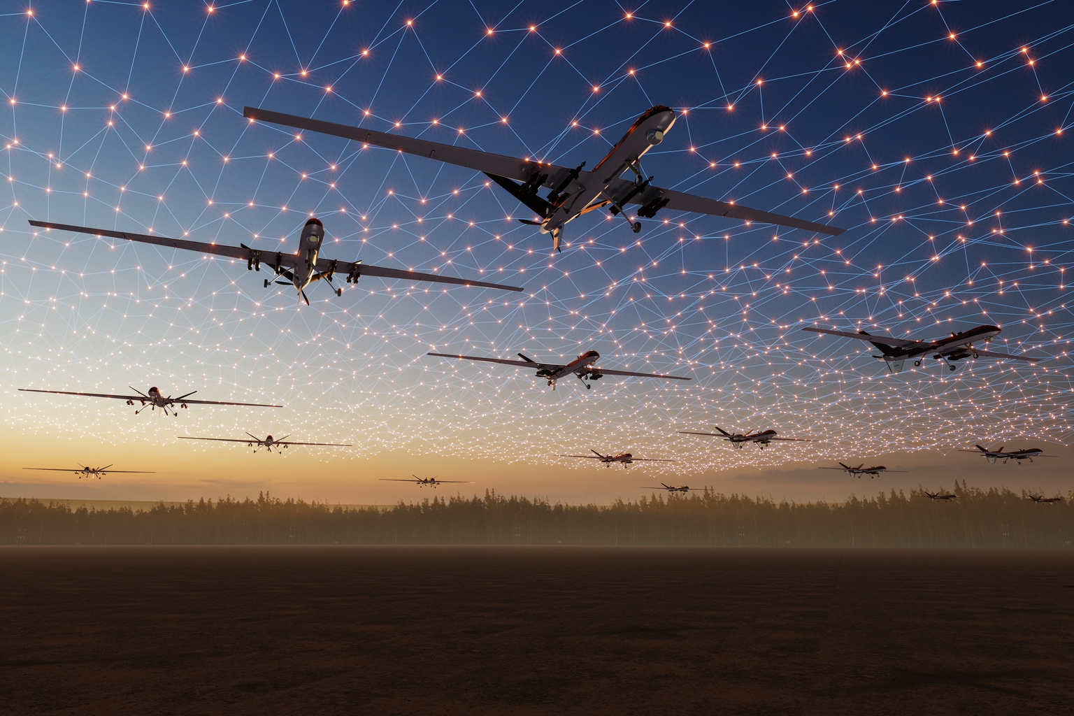 Swarm of Autonomous Military Drones Connected by Digital Network