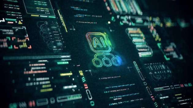 AI Technology Background CGI. Multimodal AI Digital Screen with Running Codes, Commands and Algorithms