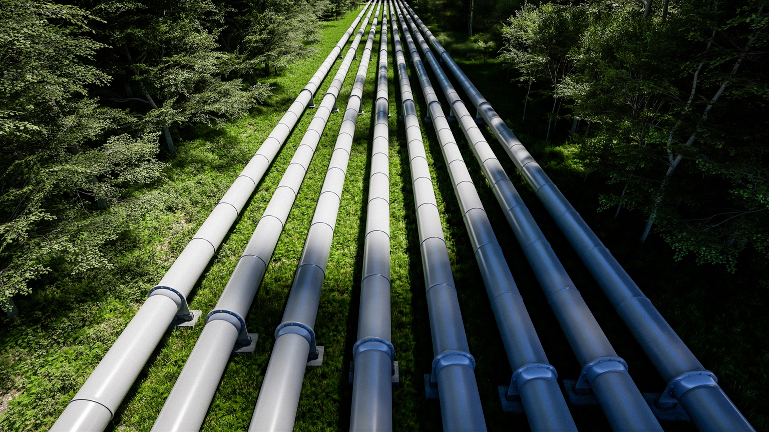 Aerial perspective of multiple gas/oil industrial pipelines