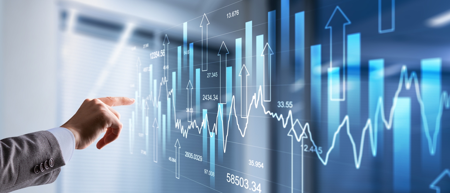 Financial growth graph on virtual screen. Sales increase, marketing strategy concept
