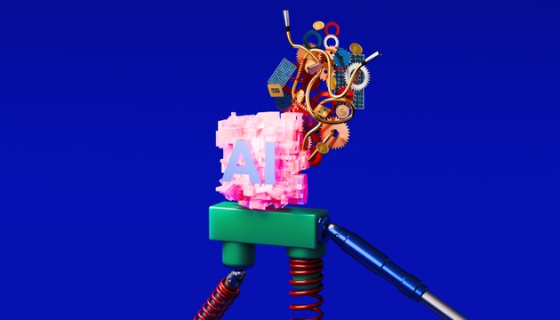 Intricate AI Core Connected to Complex Mechanical and Renewable Energy Systems