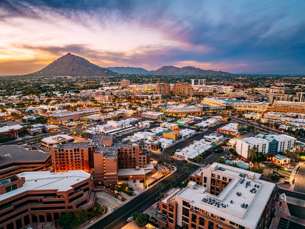 Elevated View of Camelback Mountain and "Old Town" Downtown Scottsdale, Arizona, USA at Sunset