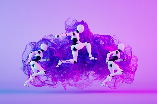 Dynamische humanoide Roboter, die durch abstrakten violetten Rauch springen, künstliche Intelligenz, Beweglichkeit und kollektive Robotikgeschwindigkeit, 3D-Rendering