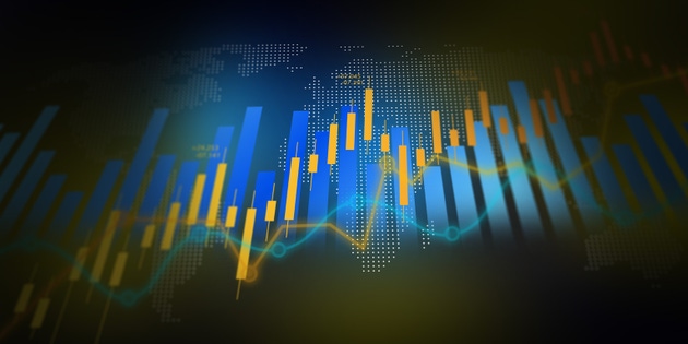 Digital financial graphs with world map overlay, global business analysis Concept.