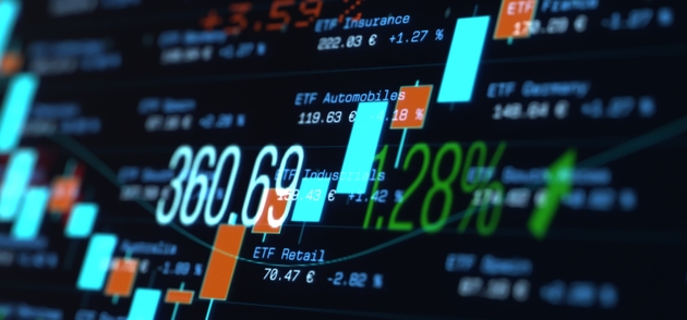Abstract stock market screen with charts, graphs and market data, trading information.