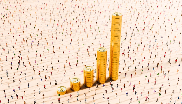 Horizontal High Angle Stacked Gold Coins and Massive Crowd representing Global Wealth and Financial Success