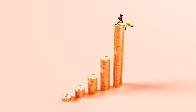Horizontal Rising Gold Coin Graph with Character representing the Pinnacle of Financial Freedom and Success