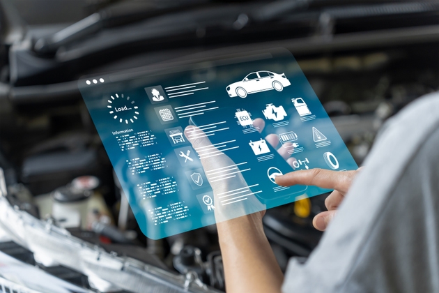 Online car maintenance check concept, Woman using smartphone to review service records, Schedule appointments, Contact service center, track parts replacement, Diagnose vehicle system smart automotive