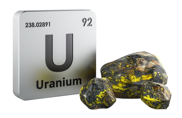 Uranium chemical element symbol with uranium ore, 3D rendering