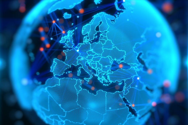 Blue holographic globe with nodes connected around earth.
