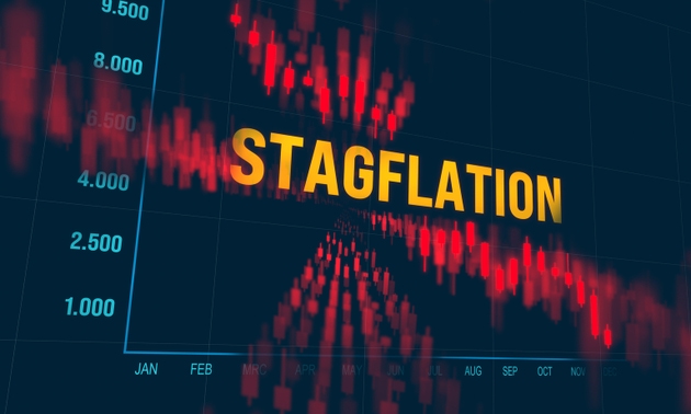 Stagflation, abstract red chart moving down, economic depression.