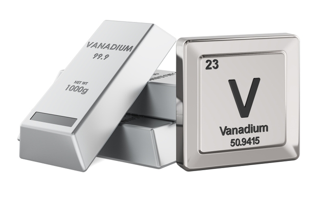 Vanadium metal ingots with periodic table V element tile. 3D rendering
