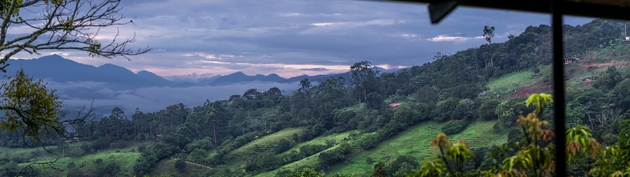 Misty Mountain Landscape With Rolling Green Hills