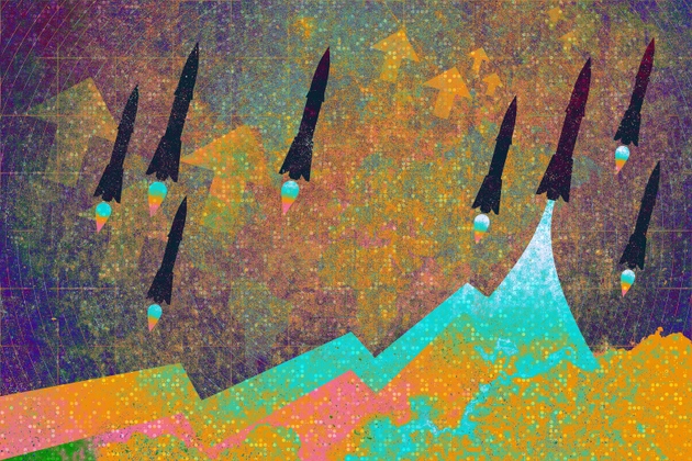 Multiple rockets launching upward over a rising chart, symbolizing military buildup growth