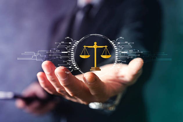 Digital Justice and Legal Tech Concept with Scales of Justice Icon and Circuit Network