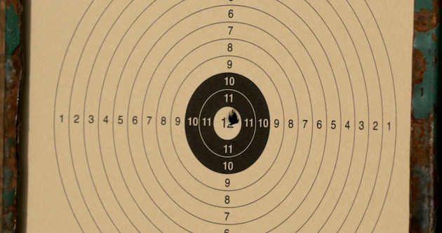 Target with numbered rings and bullet hole at a shooting range displays shooting accuracy and skill in a controlled environment