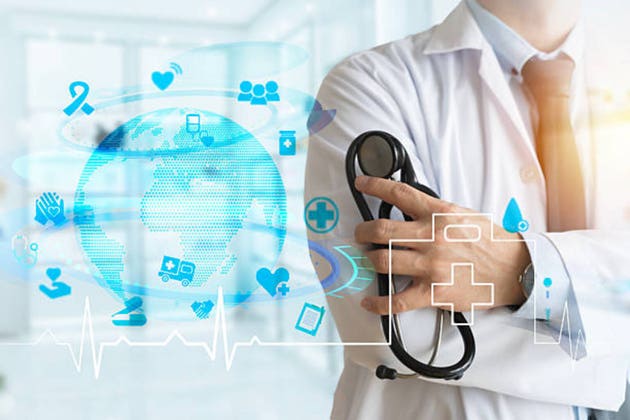 Doctor holding stethoscope with global digital healthcare network and medical icons