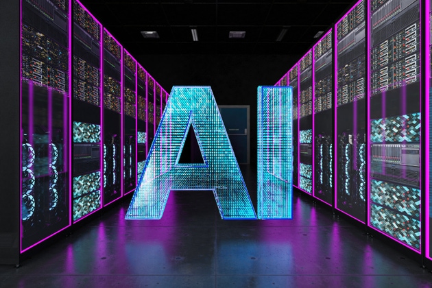 Artificial Intelligence AI Visualization Inside High-Tech Data Center Server Room