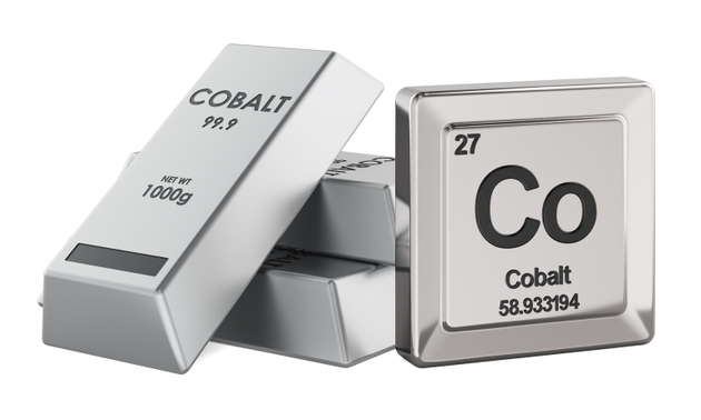 Cobalt metal ingots with Co chemical element, periodic table tile. 3D rendering