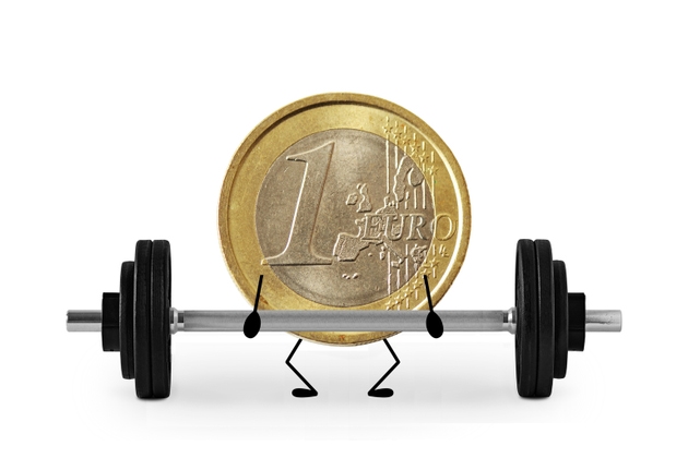 Euro coin lifting barbell weights - Concept of euro currency and