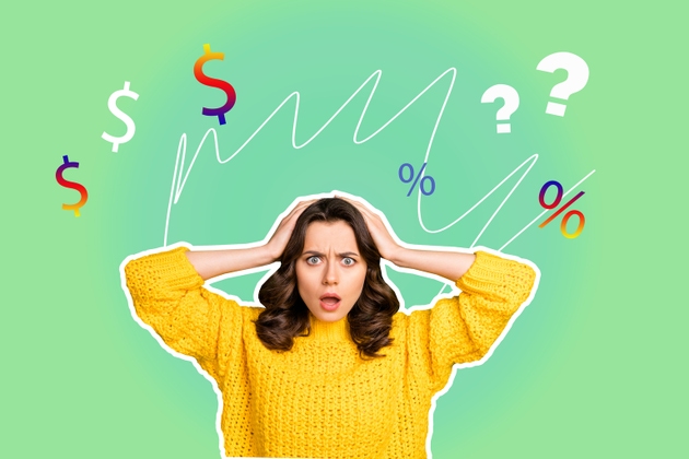 Trendy banner 3d poster image photo collage of shocked businesswoman graph development dollar sign success percent question