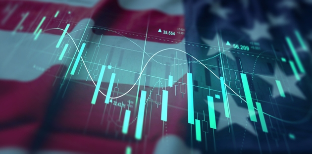 US Flag symbolizing development economy growth, financial success and investment.Virtual financial analysis graph hologram development.