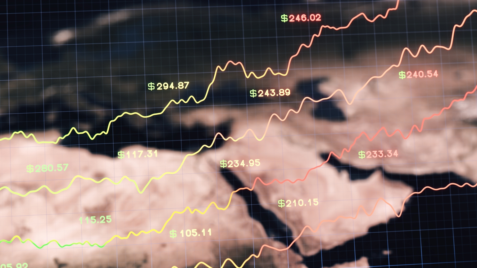 Oil price line graph overlay with the map of Middle East as background