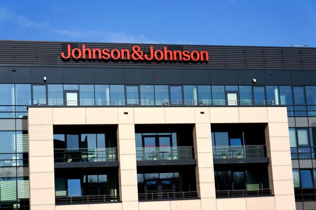 Johnson & Johnson new company logo on headquarters building in Prague, Czech Republic.