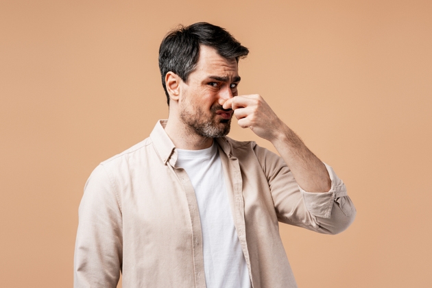 Man pinching nose due to bad smell, expressing disgust and an unpleasant odor