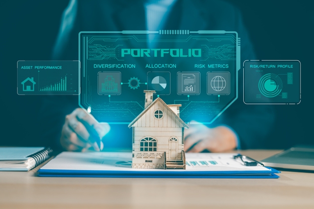 Real estate portfolio dashboard investor reviews house model on documents with digital HUD charts for diversification, allocation and risk metrics, tracking asset performance and return. portfolio