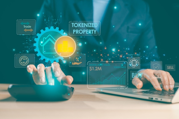 Tokenized property trading dashboard. businessman using laptop and smartphone with blockchain interface, digital asset value chart, buy sell transfer buttons, secure fintech investment. investment