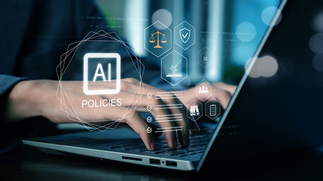 AI governance and policy compliance concept with business professional using laptop, showing legal regulation, data protection, automation, and digital risk management interface for corporate security strategy.