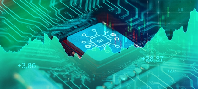 Artificial intelligence chip and circuit background showing data patterns and digital signals