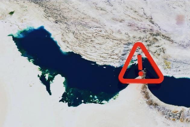 Global Energy Crisis. red exclamation mark looms over the Persian Gulf on a stylized relief map. Illustrates the threat of closing the Hormuz Strait, economic sanctions and oil supply disruptions.