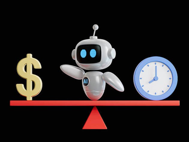 3D illustration of ai robot catches a balance between money and time.AI robot business Concept.3D rendering on black Screen for footage and clipping path.