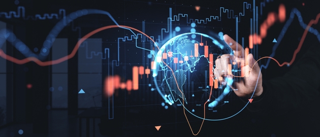 Futuristic concept of stock market trading with digital financial graphs and global investment charts over dark background with human hand interaction..