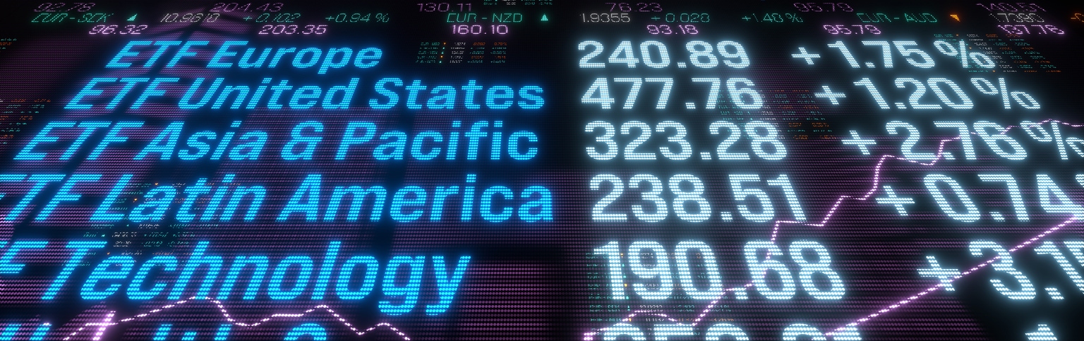 ETF exchange traded fund Europe, United States or Asian stock market, investment prices moving up.