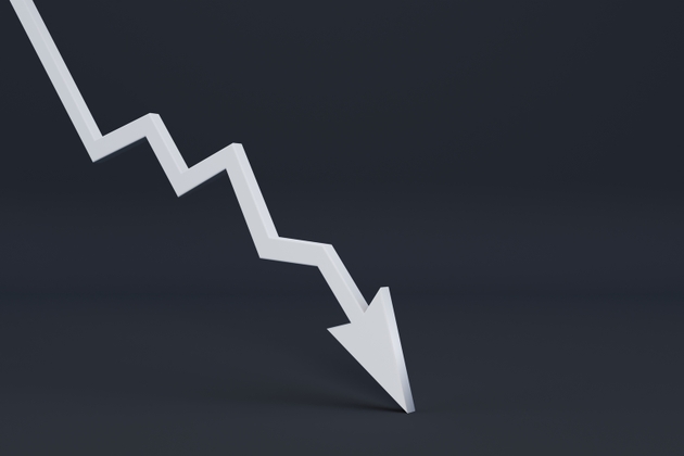 downward arrow white 3D render on dark background decline concept