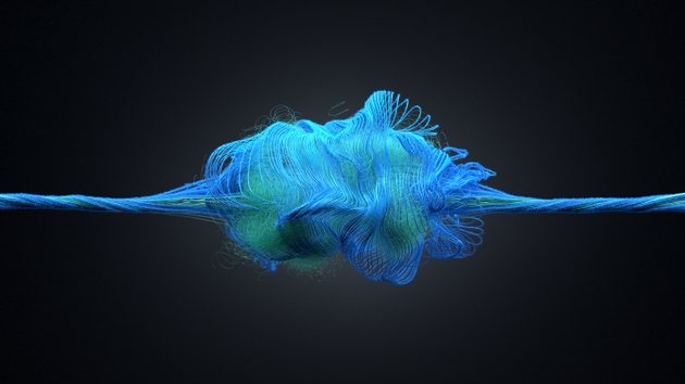 Abstract Conceptual Neural Network with Contrasting Textures of Fluffy Blue and Glassy Green Fibers
