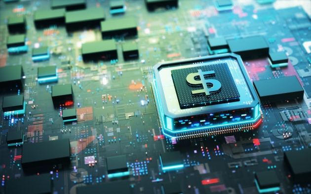 Digital Dollar Symbol on Microchip – Fintech, Cryptocurrency and Financial Technology Concept