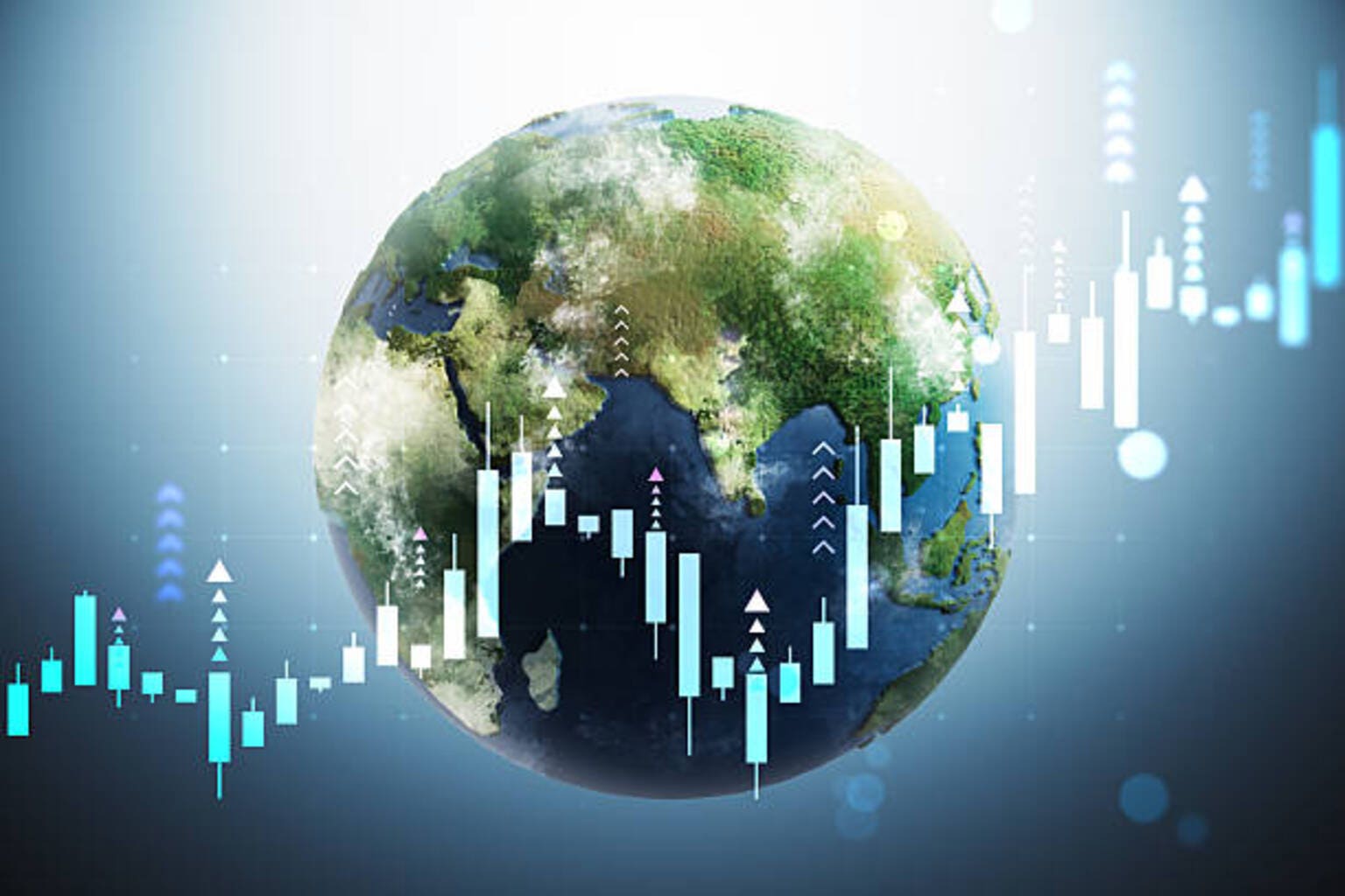 Global financial market chart elements surrounding detailed earth globe with abstract light backdrop highlighting economy and trade trends. 3D Rendering