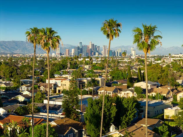 Aerial View of Jefferson Park Residential District with Downtown Los Angeles Skyline