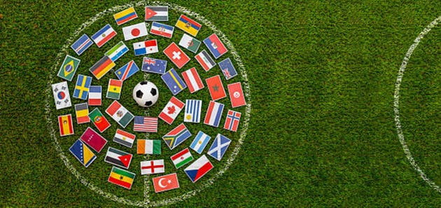 World Cup concept with international flags circle and soccer ball on grass field