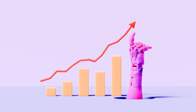 Pink robotic hand rising from hole with orange bar chart and red upward trending arrow line on light purple background symbolizing AI driven financial expansion and momentum