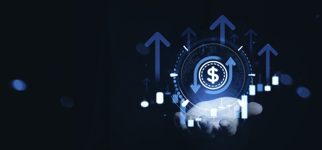 Digital finance growth symbol with upward arrows and currency icon hovering above hand on dark futuristic background illustrating economic rise and concept.