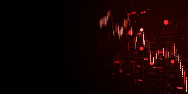Red downward financial chart with falling market indicators on dark background illustrating global crisis and economic collapse in abstract digital style.. 3D Rendering